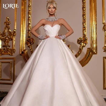 LORIE אלגנטי נסיכת שמלות חתונה מתוקה קפלים קו עם שרוולים שמלות כלה וינטאג', שמלת הכלה לא הצווארון הצמיד