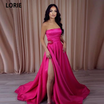 LORIE פוקסיה ללא כתפיות קו A שמלות לנשף 2023 יוקרה פנינים הרגל לשסף את הגלימות דה לנשף שמלות ערב רשמית אירוע שמלות