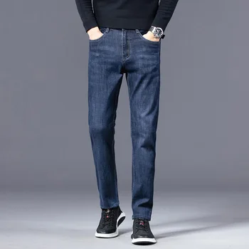 Lansboter כחול האביב והסתיו הג 'ינס החדשים של הגברים ישר באמצע המותן למתוח רזה מכנסי ג' ינס אופנה מזדמנים מכנסיים