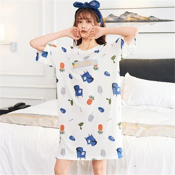 Nightdress חופשי מצויר אופנה הלבשת לילה Pijamas נשים קיץ כותנה לישון השמלה הנשי קוריאני שטחי שירות הביתה