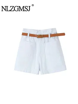 Nlzgmsj TRAF 2023 נשים בקיץ מכנסיים קצרים מזדמנים מוצק גבוהה חגורת המותניים כיסים נשי אלגנטי רחוב מתוק בגדים קצרים.