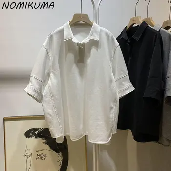 Nomikuma קיץ אופנה קוריאנית Turn-למטה צווארון, חצי שרוול חולצות סיבתי מוצק נשים מקסימום סיבתי 2023 הגרפי החדש החולצות.