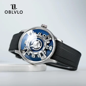 OBLVLO כחול עקמומיות מנוע כוכב הספינה אוטומטי מכאני שעון סופר זוהר גברים שעונים ספיר זכוכית השעון עמיד למים