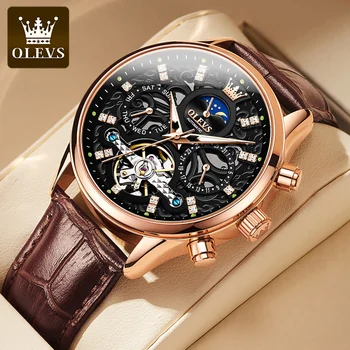 OLEVS אופנה גברים אוטומטיים מכאני שעון עלו זהב מקרה טורבילון שלד תאריך הירח שלב תצוגה עמיד למים שעונים רלו