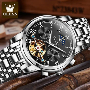 OLEVS העליון מותג באיכות גבוהה חלול טורבילון אוטומטי מכאני שעון זוהר עמיד למים הירח שלב של גברים אופנה שעונים