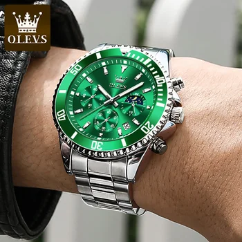 OLEVS שעון גברים יוקרתי נירוסטה גברים קוורץ שעוני יד ספורט עמיד למים לצלול שד ירוק השעון של הגברים שעונים 2870