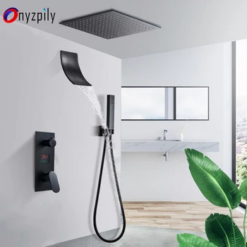 Onyzpily שחור מט חדר מקלחת ברז להגדיר תקרה Mounte LCD דיגיטלי Displa מקלחת מפל מערכת המסתובב זרבובית ברז מיקסר