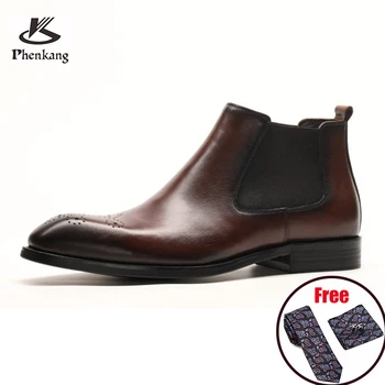 Phenkang Mens מגפי החורף רשמית קרסול עור אמיתי מגפי צ ' לסי רשמית גברים לבוש עסקי נעלי Slipon נעלי עור