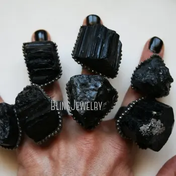 RM44987 טורמלין שחור אבן קריסטל גדולה קשה Schorl טבעת מתכווננת גותית מכשפה וויקה בוהו תכשיטים