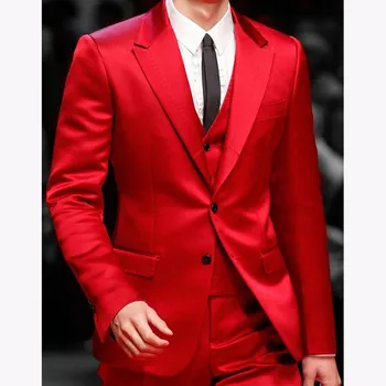 Slim Fit אדום חליפות גברים לנשף זמר שלב 3 חתיכה סאטן חתונה החתן טוקסידו גברי אופנה ז 'קט הז' קט עם מכנסיים 2023