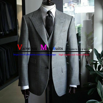 Slim Fit אפור משובץ עסק של גברים חליפות בהתאמה אישית השושבינים גברים חליפת טוקסידו 3 חתיכה (בלייזר+אפוד+מכנסיים) מקרית המשרד הג ' קט