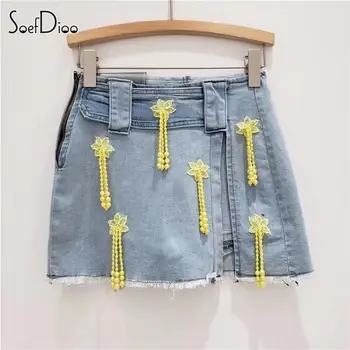 Soefdioo חרוזים ציצית פרח עיצוב מדהים ג ' ינס מיני מכנסיים קצרים חצאיות נשים סקסי גבוה מותן גבוהה פיצול היפ עדכני חצאיות