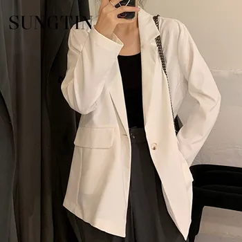 Sungtin קוריאנית משרד גבירותיי מעיל נשים Elegent אופנה מזדמן חופשי סגנון נשי מעיל ז ' קט לבן 2023 סתיו שיק לכל היותר