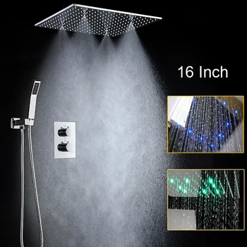 Thremostatic מערבל מקלחת ברזי מקלחת גשם להגדיר 16 אינץ ' 2 פונקציות ראש מקלחת עם תאורת לד 3 צבעים כיכר תקרת אמבטיה