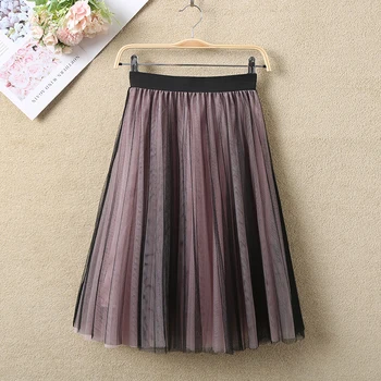 TingYiLi בציר שחור ורוד לעומת נשים עם קפלים החצאית בסגנון קוריאני אביב קיץ חצאית טול באורך הברך קו החצאית 4 שכבת