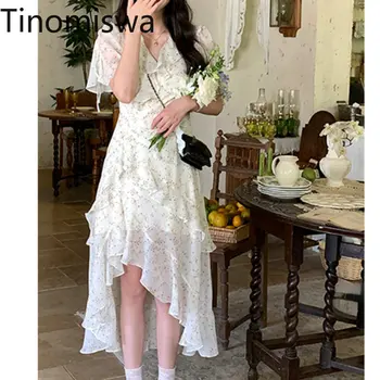 Tinomiswa פרחוני מודפס שמלת השיפון נשים V צוואר קו A-עלה לוטוס המטוטלת לא סדיר מתוק סגנון עגל אמצע שמלות פאטאל