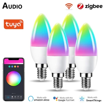 Tuya Zigbee חכם Bulb E14 LED אור הנר נורות 5W 2700K לבן חם RGB+CW צבע Dimmable המנורה עובדת עם אלקסה הבית של Google