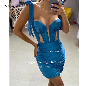 Verngo כחול סקסי מיני מסיבת קוקטייל שמלות כתפיות קפלים מתוקה קצר רשמי קיץ החוף להתלבש מועדון לילה שמלות לנשף