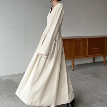 WAKUTA בסגנון צרפתי חופשי צוואר V Vestidos דה Mujer אלגנטי כפתור גבוהה המותניים החלוק 2023 יפנית פשוטה אופנה וינטאג', שמלה