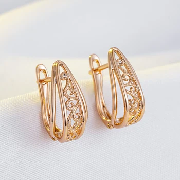 Wbmqda 585 רוז זהב צבע פשוטה אופנה עגילי חישוק עבור נשים מעודנות אלגנטי הולו גילוף עיצוב מסיבת חתונה תכשיטים