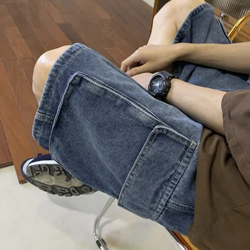 Y2K Mens Strtwear Brches רטרו קוריאנית Harajuku כיס ג 'ינס היפ הופ מטען מכנסיים קצרים גראנג' Bermudas מכנסי ג ' ינס קצרים בגדים