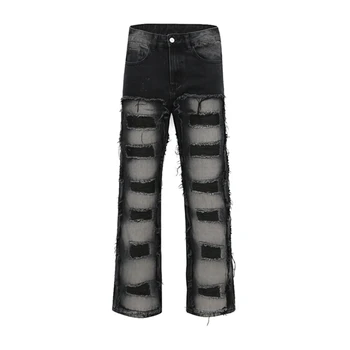 Y2k ג 'ינס של גברים אופנת רחוב עירוני חור הבלוי ישר ג' ינס מכנסיים יוניסקס חופשי Harajuku היפ הופ מזדמן Oversize מכנסי דגמ 