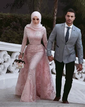 Yczzly ורוד עם שרוול ארוך המוסלמים שמלת חתונה וינטג ' צוואר גבוה תחרה, אפליקציות בתולת ים שמלת כלה עם רכבת להסרה YW92