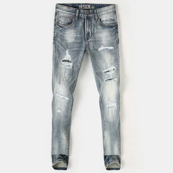 אופנה וינטג 'גברים' ינס באיכות גבוהה רטרו כחול אלסטי Slim Fit חור, קרע בג 'ינס גברים טלאים מעצב מכנסי ג' ינס גבר
