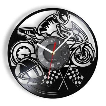 אופנוע מירוץ התקליט ויניל שעון קיר אופנוע רטרו מוסיקה אלבום עיצוב הבית שקט קיר שעון אופנוען רוכב רוכב מתנה
