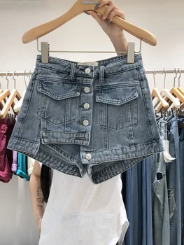 אופנת רחוב נשים כל-התאמה יחיד עם חזה ג 'ינס מכנסיים קצרים של הנשים אופנה גבוהה המותניים הרזיה רחב הרגל חצאיות ג' ינס קצרים 2023