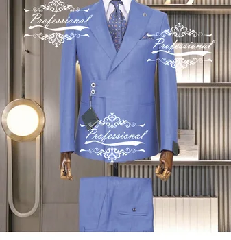 אור כחול עיצוב ייחודי מלא גברים חליפה להגדיר החתונה החתן בהתאמה אישית מותגי יוקרה ז ' קט מכנסיים Slim Fit 2Pcs בלייזר מכנסיים