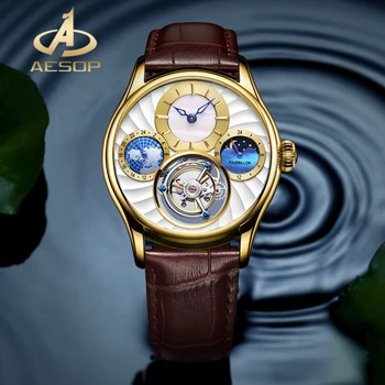 איזופוס זהב תיק אופנה הירח שלב רב תכליתי מכאני שעון אמיתי טורבילון גברים השעון ספיר זכוכית השעון עמיד למים