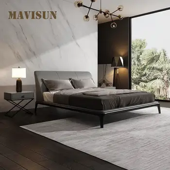 איטלקי מעץ מלא מיטה 1.8 אור עור יוקרתי, מודרני מינימליסטי כפול חדר השינה רך חבילה סקנדינבי מינימליסטי המיטה