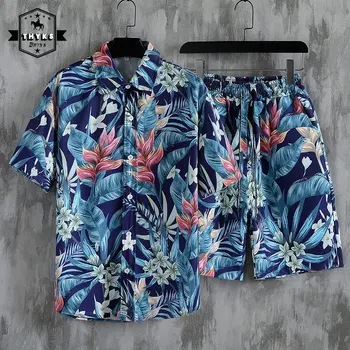 איכות תוספות חוף פופולרי החולצה חליפות חולצות עם שרוול קצר שרוך המכנסיים הוואי מודפס פרחוני בגדי גברים נסיעות נשים