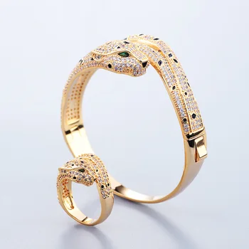 אירופה אמריקה סגנון אופנה טבעת צמיד נשים גברת מצופה זהב צבע כתמים שחורים הגדרות מעוקב זירקון נמר תכשיטים סטים