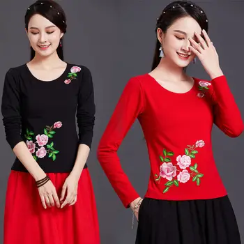 אלגנטי נשים רקמה, פרח טאנג העליון מזדמן חולצת שרוול ארוך מתוק נערות צעירות O-צוואר, חולצה בסגנון סיני בגדים היומית