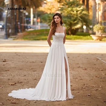 אלגנטי, סקסי שנהב בוהו כיכר צווארון תחרה שיפון שמלת חתונה עבור נשים בצד פיצול קו שמלת כלה Vestidos דה נוביה החלוק