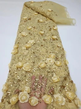 אפריקה 3D תחרה בד 2023 באיכות גבוהה בעבודת יד חרוזים תחרה חומר הניגרי צרפתית נטו נצנצים בד תחרה על שמלת החתונה.
