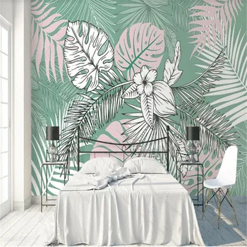 בסגנון נורדי מצוירים ביד צמחים טרופיים טפט מודרני עבור הסלון בטלוויזיה רקע נייר קיר לעיצוב הבית ציורי קיר 3d