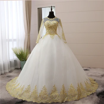 בציר זהב תחרה, אפליקציות רקמה מתוקה לבן כחול אדום מלא שרוול אופנה מוסלמית חתונה שמלות הכלה בתוספת גודל 75