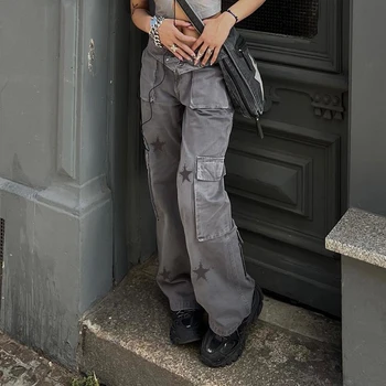 בציר כוכב הדפסה Y2K ג 'ינס מכנסיים מרובי כיסים אפורה מטען ג' ינס מותן נמוכה רגל ישרה אופנת רחוב מתוח באגי ג ' ינס נשים