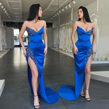 בתולת ים שמלות ערב 2022 כחול רויאל V-צוואר אלגנטי סאטן לנשף שמלות נוצצות צד פיצול זמן פשוט סקסית פורמליות שמלת מסיבת