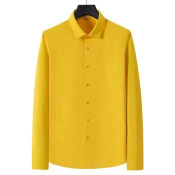 גברים חולצה אלסטי בד מוצק צהוב רשמי חברתית עסקית אביב קיץ שרוול ארוך ZZ03