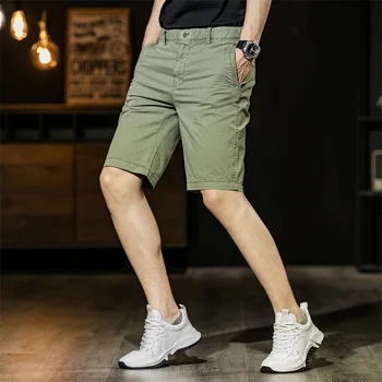 גברים רופף ירוק כותנה קצרים אופנת רחוב קיץ אלסטי המותניים הברך אורך המכנסיים בגדים