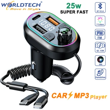 דיבורית לרכב משדר FM Bluetooth 5.0 משדר FM מהר מטען אפנן FM אודיו נגן Mp3 צבעוני אור