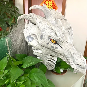 דלוקס דרקון לבן מסכה עם השיער Cosplay טירנוזאורוס רקס קישוטים מסכה למבוגרים ליל כל הקדושים מסיבת יום הולדת מסכות של בעלי חיים