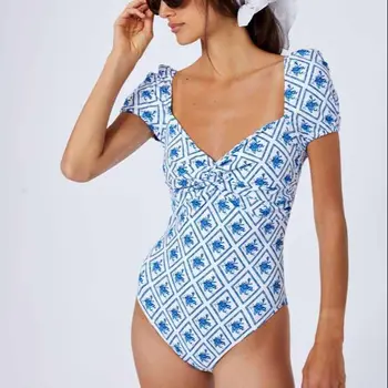 הדפס כחול אופנה בגד ים חתיכה אחת נשים כושר חליפת קיץ החוף מוצק לדחוף את מיקרו סט בגד ים ברזילאי