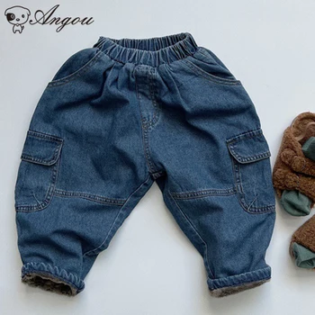 החורף ילדים בייבי בנים בנות מעובה מכנסיים ילדים מקרית מוצק צבע ג ' ינס בסגנון קוריאני מכנסיים אביב סתיו מכנסיים בגדים