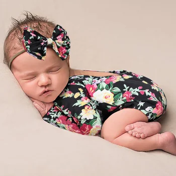 היילוד צילום בגדים להגדיר פרח הדפסה ללא אוכף Hairband רומפר החליפה ילדים אמנות צילום אביזרים התינוק מזכרות 0-3m