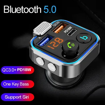 המכונית דיבורית Bluetooth 5.0 משדר FM דיבורית לרכב MP3 אפנן שחקן דיבורית מקלט אודיו QC3.0 18W 2 USB מטען מהיר